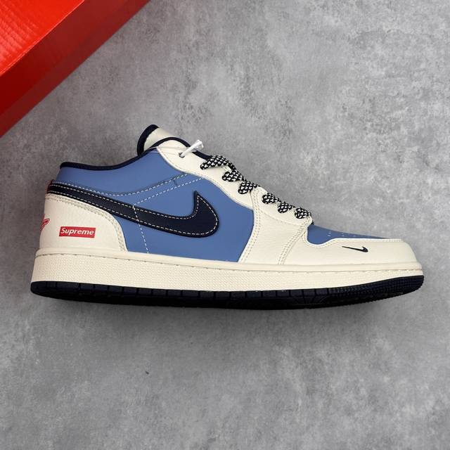 本地 核心私 Supreme X Air Jordan 1 Low Sup X 乔丹 低帮 联名蓝白红 Aj1 乔丹1代 乔丹篮球鞋系列 鞋身整体以蓝色皮革打造