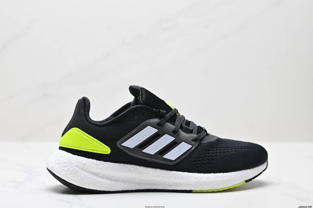 公司级阿迪达斯Adidas Pureboost 22H.Rdy 爆米花缓震中底跑步鞋。鞋面以织编材质为基底，后及跟脚趾处融全入新设计，通过格网印刷支将撑材料于附