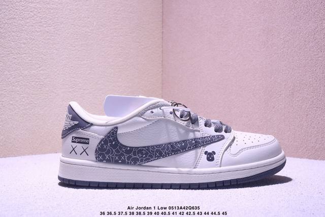 travis Scott X Jordan Air Jordan 1 Low “Lv联名 蓝灰棕” 倒勾低帮休闲板鞋 定制鞋盒 大厂纯原品质出货 超高清洁度 皮