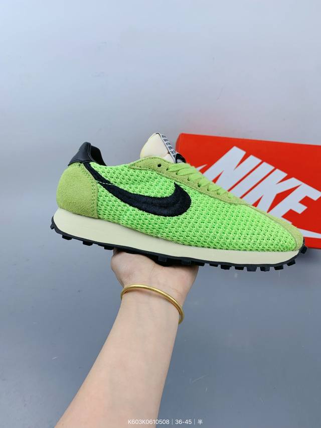 stussy X Nike Ld- 0 Action Green 本次联名双方选择了上世纪70年代的Nike Ld 0复古跑鞋进行设计，设计上延续了此前Stus