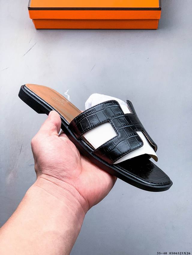 欧美Ins潮网红夏季性感女神搭配款高奢品牌爱马仕HermèS Purple Lizard Oran Sandals经典H鞋面凉鞋休闲平底拖鞋 0506525X2