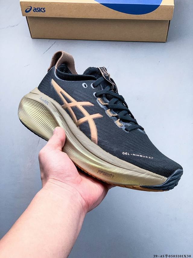 公司级！Asics Gel-Nimbus 27 舒适防滑耐磨低帮休闲跑步鞋 鞋底采用了轻质发泡材料 并在后跟和前掌处采用了Asics亚瑟士核心科技-Gel缓震胶