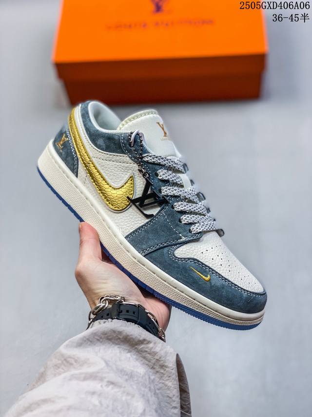 海外爆款限量发售！Nike Jordan Air Jordan 1“Lv联名 金勾蛇鳞” 高端定制 低帮 复古 减震 防滑 耐磨 篮球鞋 定制鞋盒 大厂纯原品质