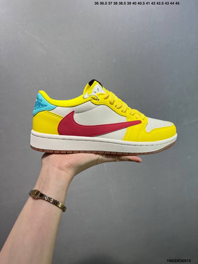 公司级Travis Scott X Air Jordan 1 Low 黄白红 此款主张打破传统的工业化流水线设计限制，以Made By Ideas的超级创意为理
