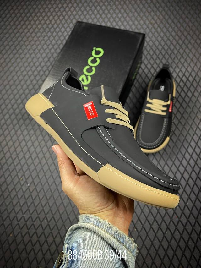 b Ecco爱步 广东原版透气 配备原版三件套 防尘纸 高弹大底 全头层牛皮 新款百搭休闲款 纯手工制成 鞋面走线工整 清晰质感 原单品质 拼接运动透气网布 采