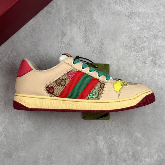 本地 核心私 gucci~~2025最新配色小脏鞋 休闲鞋 运动鞋 zp开发纯原版本 金属双G水晶圆柱形标 Gucci原版纹织带 鞋面头层羊皮拼接双G压花牛皮