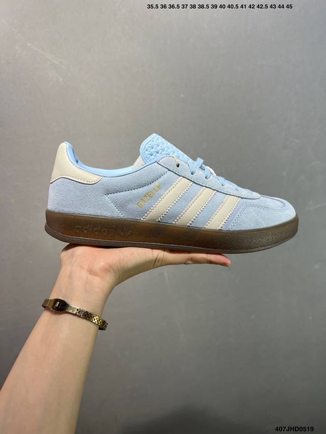 Adidas Gazelle Indoor Trainers 羚羊内训系列低帮复古德训风百搭休闲运动板鞋 浅蓝水蓝焦糖底 Ji2717 尺码 36-45 半 I