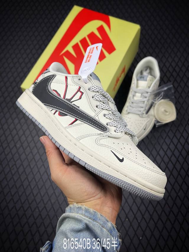 B 公司级Nike Air Jordan 1 X Travis Scott Aj1倒勾 乔一倒钩 Diy 定制 耐克 低帮文化篮球鞋 完美品质出货 细节如图所示