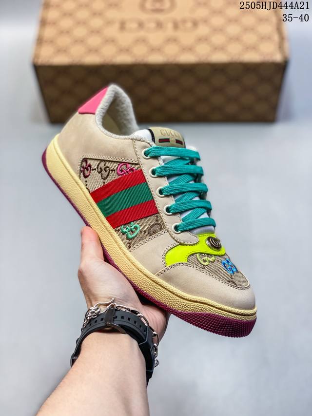 公司级 古驰 Gucci Distressed Screener Sneaker 古驰小脏鞋系列 官方同步 经典原型复古百搭做旧小脏板鞋复古学院风 怀旧版 货号