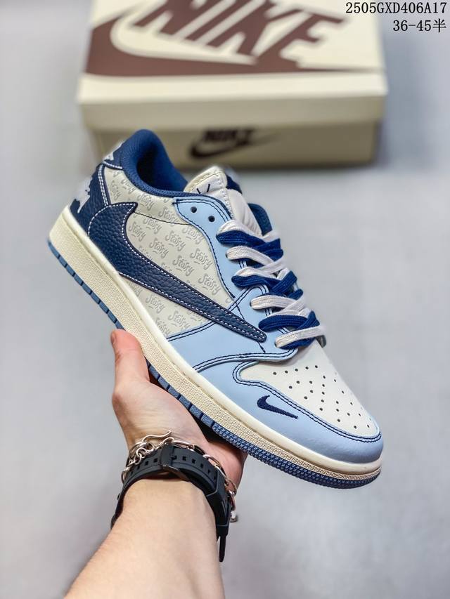 高端定制 Travis Scott X Jordan 1 Low 斯图西联名-白蓝拼接 倒勾低帮休闲版本 原厂全头层皮 夜光效果 大厂纯原品质出货 纯正版型 定