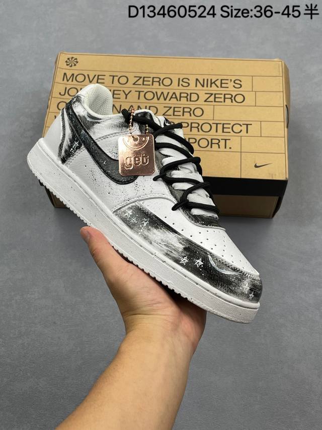 nike Court Vision 1 Low 耐克 低帮 幽影骑士 黑白色 哥特风泼墨喷溅 嘻哈渐变 街潮百搭防滑轻便低邦板鞋 该定制鞋选用原鞋为Nike C