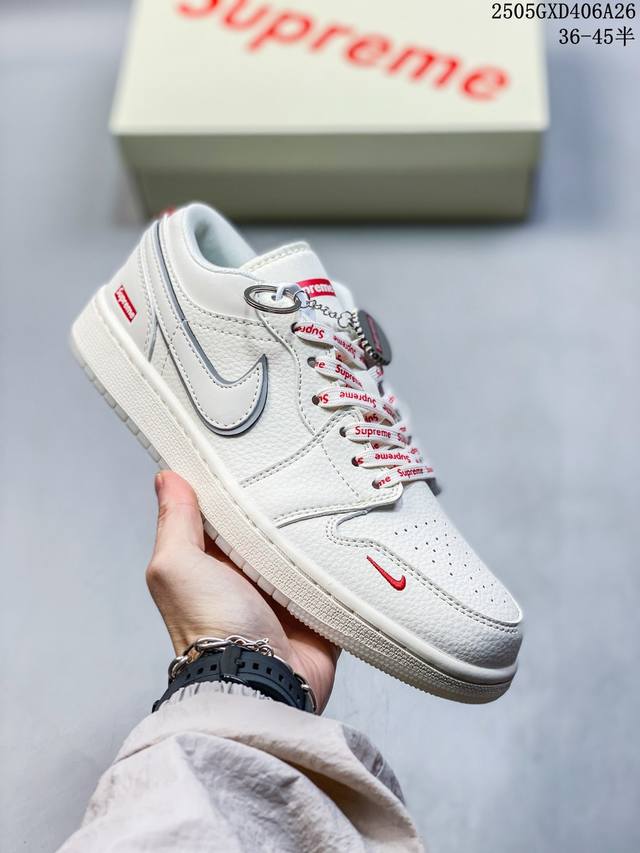 海外爆款限量发售 Nike Jordan Air Jordan 1 Supreme联名 米白水晶底 高端定制 低帮 复古 减震 防滑 耐磨 篮球鞋 定制鞋盒 大