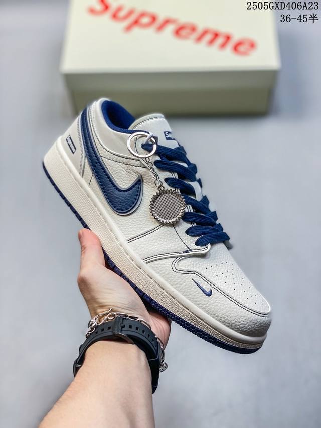 海外爆款限量发售 Nike Jordan Air Jordan 1 Supreme联名 米蓝勾 高端定制 低帮 复古 减震 防滑 耐磨 篮球鞋 定制鞋盒 大厂纯