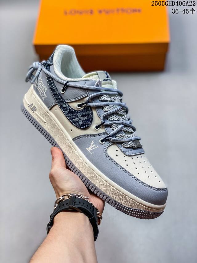 海外限量发售 公司级Nike Air Force 1 '07 Low Lv联名 灰蓝帆布抽绳 空军一号 低帮 运动鞋 休闲鞋 折边针车 工艺难度大 原楦头原纸板