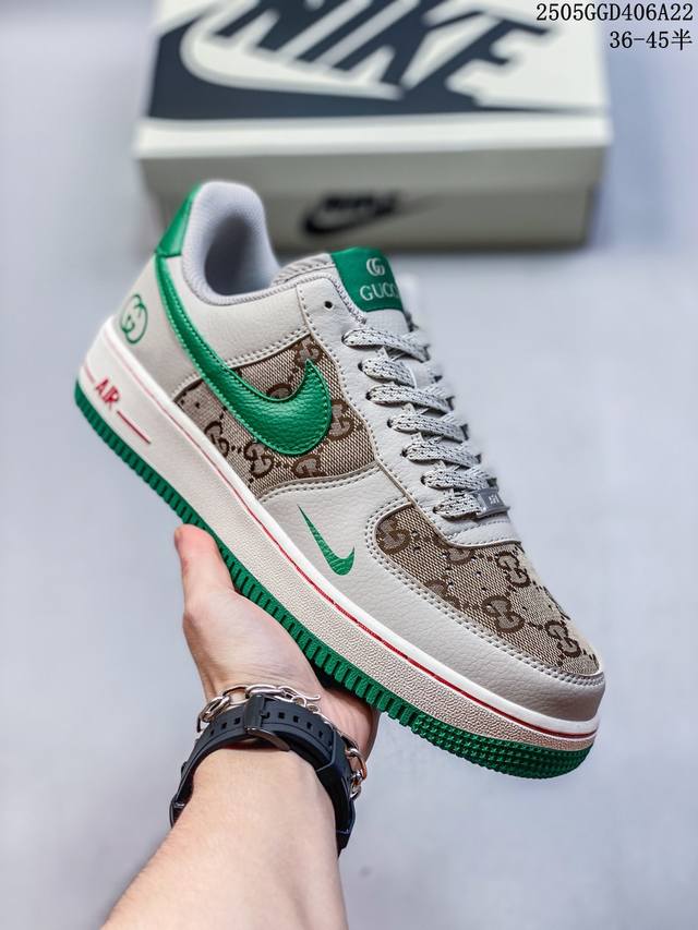 海外限量发售 公司级Nike Air Force 1 '07 Low 古驰联名联名-灰棕小绿勾 空军一号低帮 运动鞋 休闲鞋 折边针车 工艺难度大 原楦头原纸板