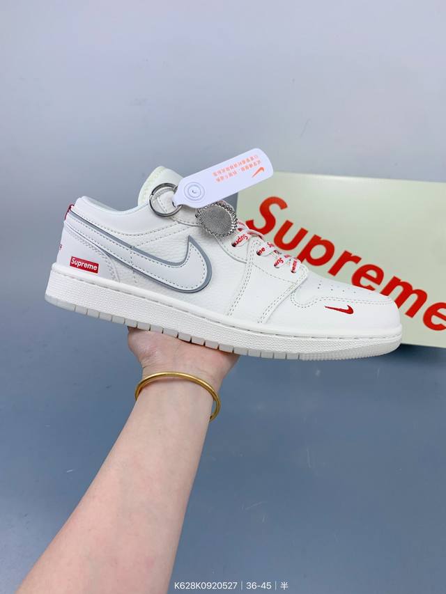 nike Jordan Air Jordan 1 Supreme联名 米白水晶底 高端定制 低帮 复古 减震 防滑 耐磨 篮球鞋 定制鞋盒 大厂纯原品质出货 超