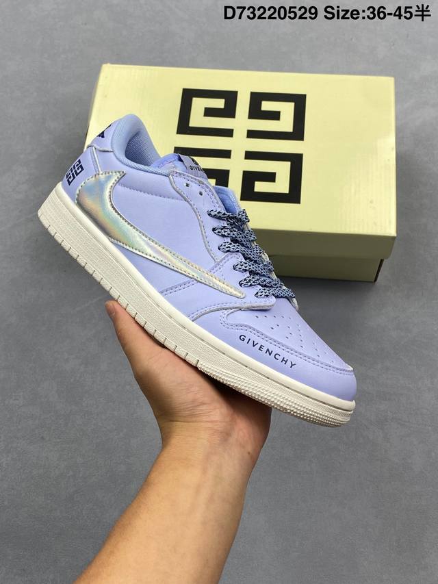 耐克 Air Jordan 1 *纪梵希联名,设计师Diy高端定制 高级浅蓝搭配七彩反光贴条闪勾时尚配色 采用柔软皮革面料带来超高舒适度体验的同时兼备百搭效果