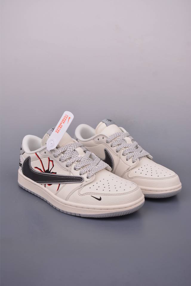 fragment X Travis Scott X 斯图西 air Jordan 1 Low 三方联名倒钩 全新的三方联名低帮倒钩鞋面延续了黑脚趾设计 整双鞋以