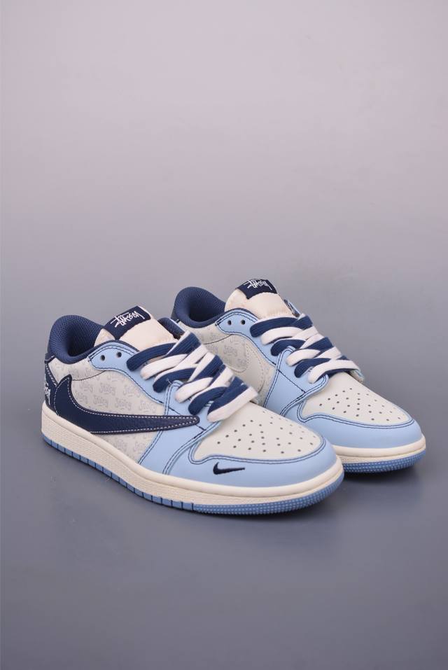 fragment X Travis Scott X 斯图西 air Jordan 1 Low 三方联名倒钩 全新的三方联名低帮倒钩鞋面延续了黑脚趾设计 整双鞋以
