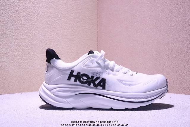 公司级Hoka M Clifton 10 轻量低帮户外越野跑鞋 户外山脉越野轻量运动跑鞋 鞋面用轻的无缝架构 鞋带用了弹性不易松脱的扁宽弹性鞋带 轻薄的Tpu贴