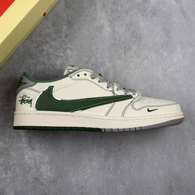 本地 核心私 Travis Scott X Nike Air Jordan 1 Low X Stussy 联名 反转白绿小勾满天星倒钩 低帮文化休闲板鞋 全鞋采