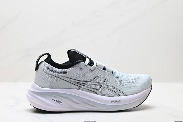 公司级Asics 亚瑟士Gel-Nimbus 26稳定跑鞋鞋面采用双层提花网面设计 提高包裹性和透气性 后跟搭载稳定系统科技T-Gel提升整体支撑力和结构感 减
