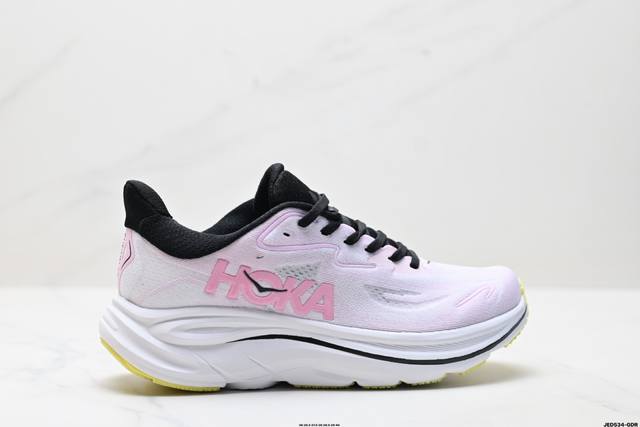 公司级Hoka M Clifton 10 轻量低帮户外越野跑鞋 户外山脉越野轻量运动跑鞋 鞋面用轻的无缝架构 鞋带用了弹性不易松脱的扁宽弹性鞋带 轻薄的Tpu贴