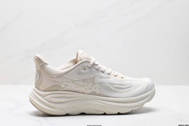 公司级Hoka M Clifton 10 轻量低帮户外越野跑鞋 户外山脉越野轻量运动跑鞋 鞋面用轻的无缝架构 鞋带用了弹性不易松脱的扁宽弹性鞋带 轻薄的Tpu贴