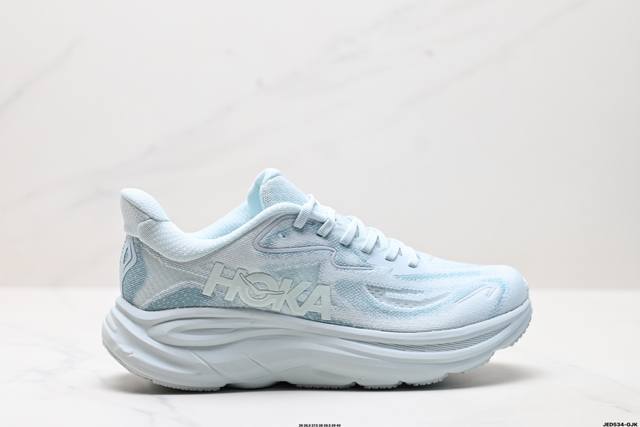 公司级Hoka M Clifton 10 轻量低帮户外越野跑鞋 户外山脉越野轻量运动跑鞋 鞋面用轻的无缝架构 鞋带用了弹性不易松脱的扁宽弹性鞋带 轻薄的Tpu贴
