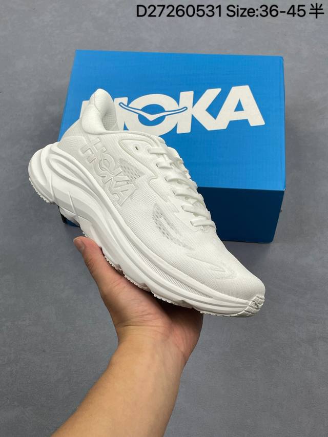 公司级Hoka M Clifton 10 轻量低帮户外越野跑鞋 户外山脉越野轻量运动跑鞋 鞋面用轻的无缝架构 鞋带用了弹性不易松脱的扁宽弹性鞋带 轻薄的Tpu贴