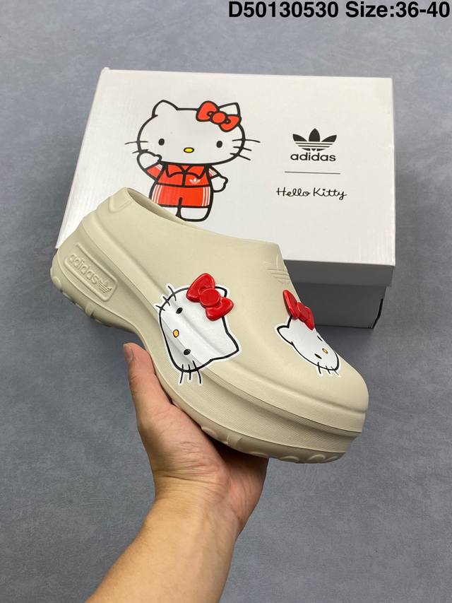 阿迪达斯 Adidas Adifom Hello Kitty 猫 蝴蝶结装饰品 夏季沙滩涉水百搭休闲拖凉拖鞋 超厚底增高 女鞋包头凉拖鞋。采用超轻95% 注塑