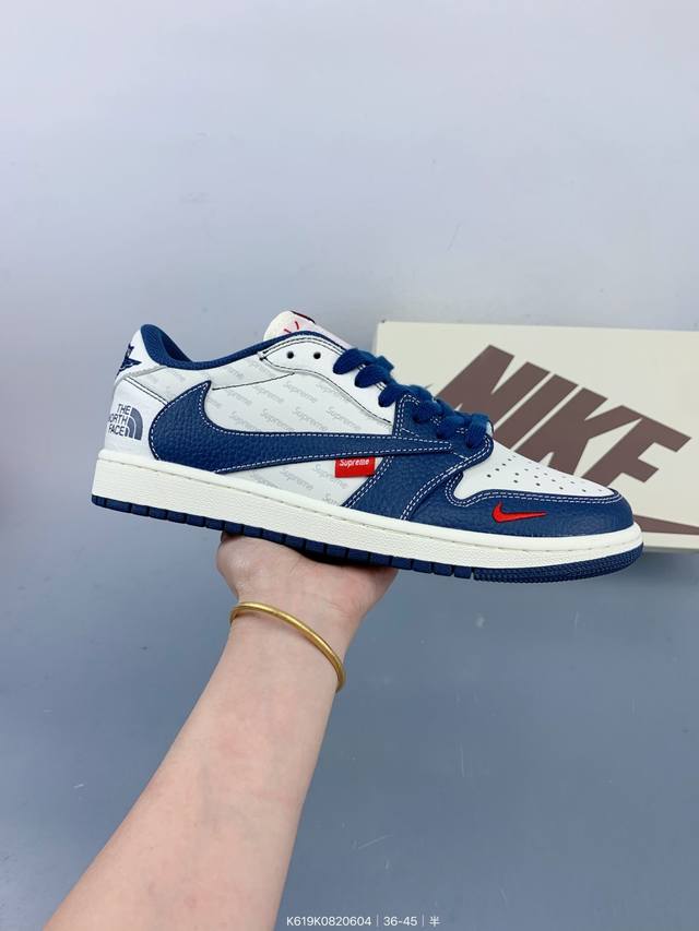高端定制 Travis Scott X Jordan 1 Low Sup 北面 三方联名-奶白深蓝 倒勾低帮休闲版本 原厂全头层皮 大厂纯原品质出货 纯正版型