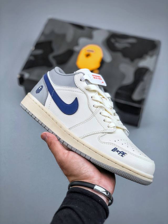 福利特价 Air Jordan 1 Low Aj1 乔1 Bape联名-米蓝灰 高端定制低帮复古篮球鞋 Jj8688-004 #定制鞋盒 大厂品质出货 超高清洁