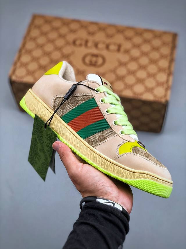 Gucci~~2025最新配色小脏鞋 休闲鞋 运动鞋 Zp开发纯原版本；金属双G水晶圆柱形标；Gucci原版纹织带 鞋面头层羊皮拼接双G压花牛皮，皮面切口全油边