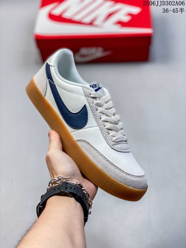 J.Crew X Nk Killshot Ii Leather 联名复古板鞋 432997-107 采用米白色皮革制作鞋身 Swoosh 点缀其中 最后搭载棕色