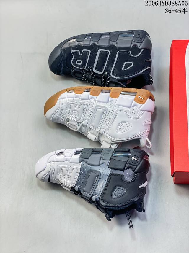 Nike 耐克 原楦原纸版开发，采用荔枝纹皮鞋面材质，可视全掌透明中底气垫全新气垫亮炸，耐克Nike Air More Uptempo Qs皮蓬一代系列经典高街