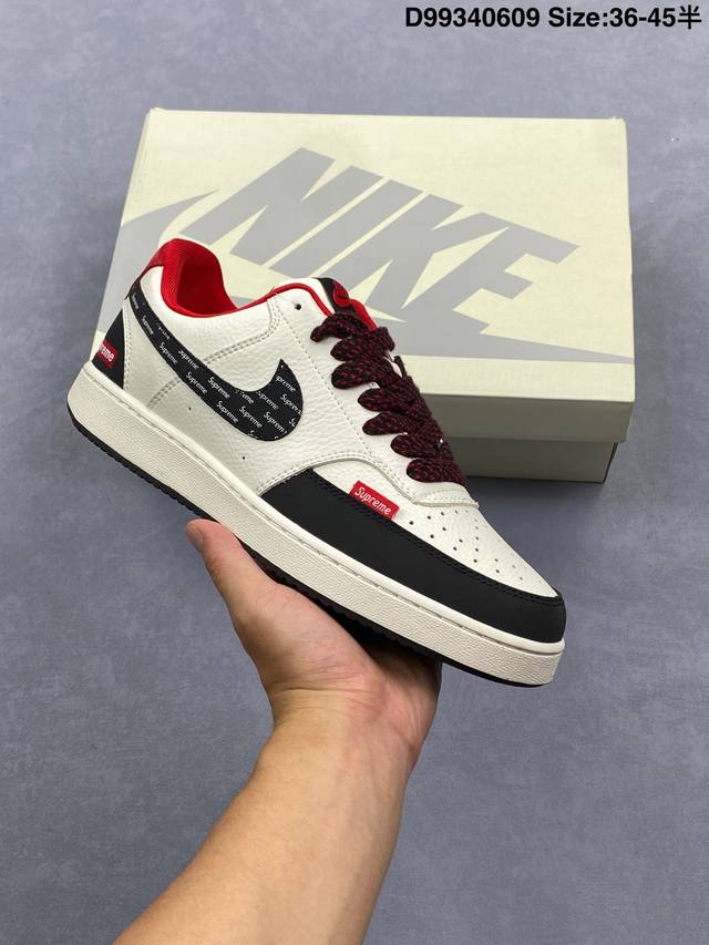 头层皮 耐克 Nike Court Vision Lo校园风低帮复古篮球板鞋男女运动鞋 路易威登联名。延续80年代复古篮球鞋，添加学院风细节。皮革组合鞋面，利落