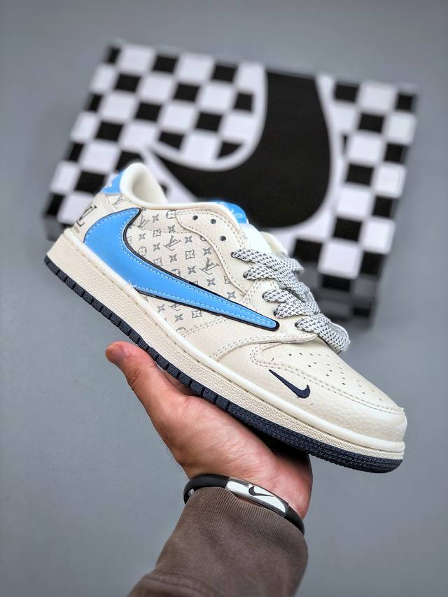 C版 Nike Air Jordan 1 X Travis Scott Aj1倒勾 乔一倒钩 Lv联名款 耐克 低帮文化篮球鞋 完美品质出货 细节如图所示 鞋面