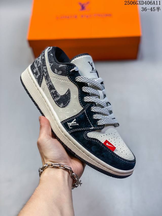 海外爆款限量发售！Nike Jordan Air Jordan 1“Lv联名 黑布红标” 高端定制 低帮 复古 减震 防滑 耐磨 篮球鞋 定制鞋盒 大厂纯原品质