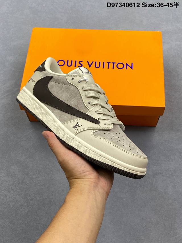 Louis Vuitton X Travis Scott X Air Jordan 1 Low 路易威登Lv X Aj1 低帮 灰白棕倒勾联名 Aj1 乔丹1代