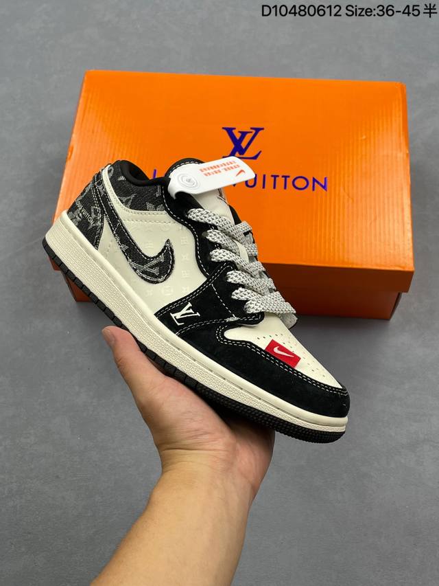 海外爆款限量发售！Nike Jordan Air Jordan 1“Lv联名 黑布红标” 高端定制 低帮 复古 减震 防滑 耐磨 篮球鞋 定制鞋盒 大厂纯原品质