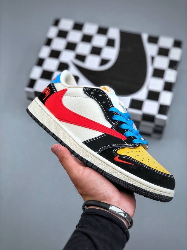 C版 Nike Air Jordan 1 X Travis Scott Aj1倒勾 乔一倒钩 ‘Diy’定制 耐克 低帮文化篮球鞋 完美品质出货 细节如图所示