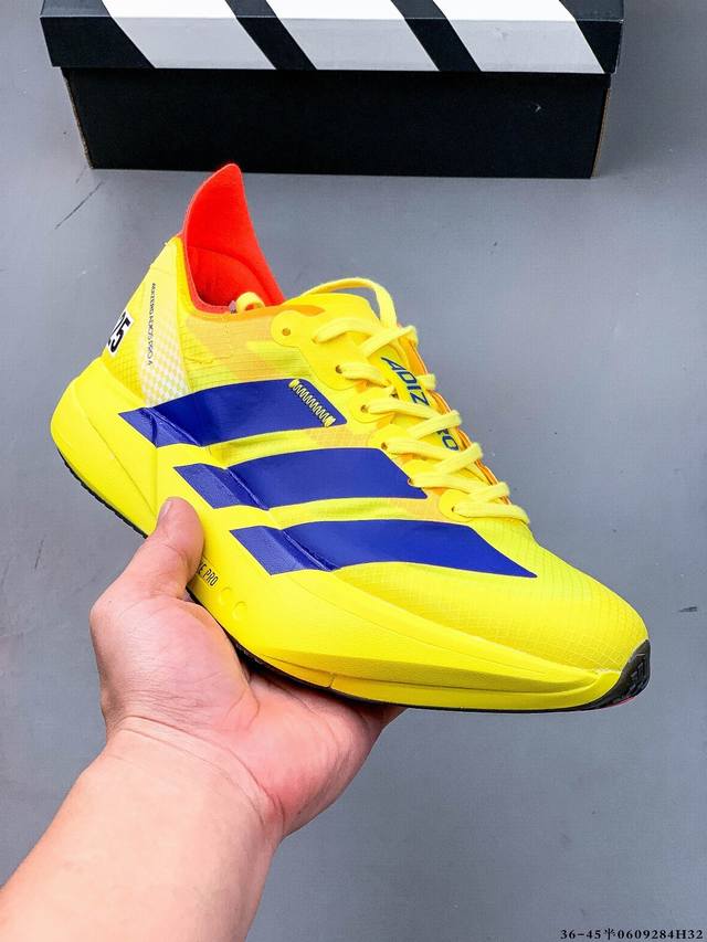 公司级！Adidas Adizero Adios Pro 4马拉松飞线贾卡轻质透气休闲运动跑步鞋 采用双层透气网纱 Flywire动态飞线绑缚鞋面材质 内置Zo