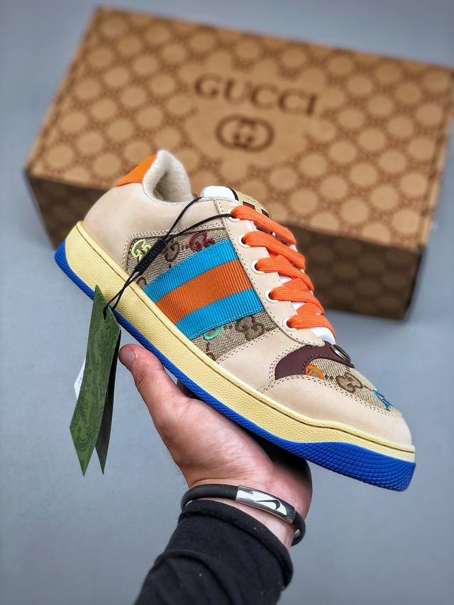 Gucci~~2025最新配色小脏鞋 休闲鞋 运动鞋 Zp开发纯原版本；金属双G水晶圆柱形标；Gucci原版纹织带 鞋面头层羊皮拼接双G压花牛皮，皮面切口全油边
