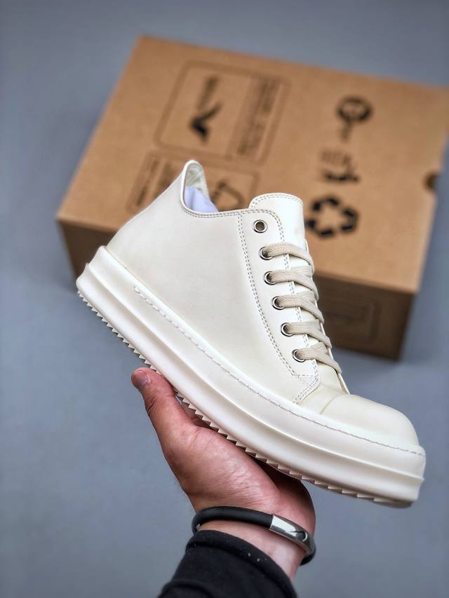 莞产G版，Ro Rick Owens 瑞克 欧文斯 Drkshdw 支线品牌 款式 低帮纯白皮面 面料 东莞原厂进口全新2025年新材质 高丝光轻绒感12盎司帆