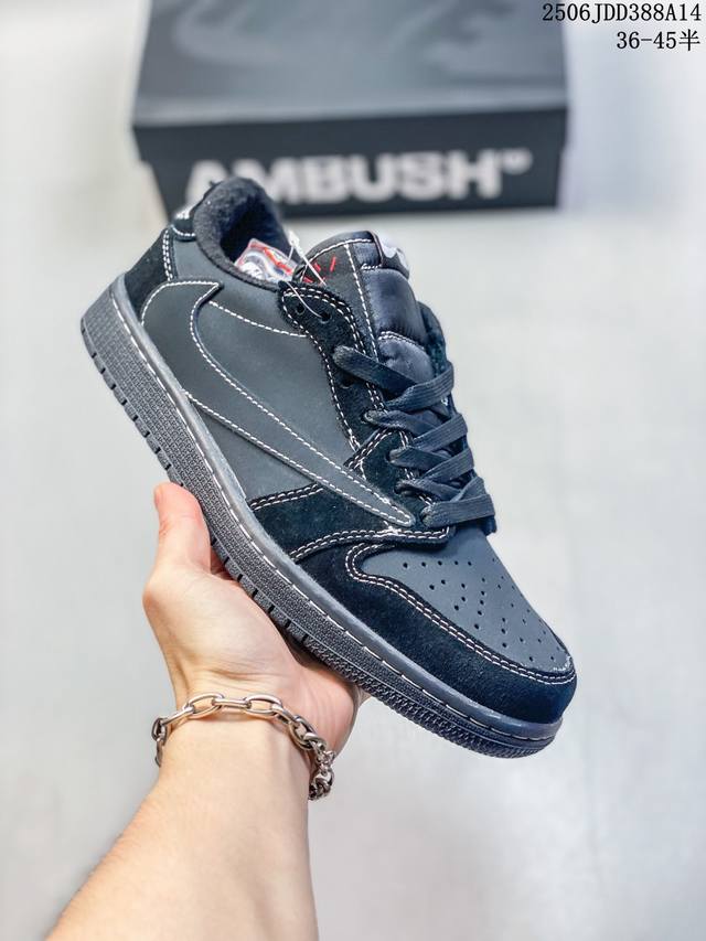 双盒版本 头层带半码双盒 附赠丝巾 Travis Scott X Air Jordan 1 Low Og Black Phantom 低帮 倒钩4.0 黑武士倒