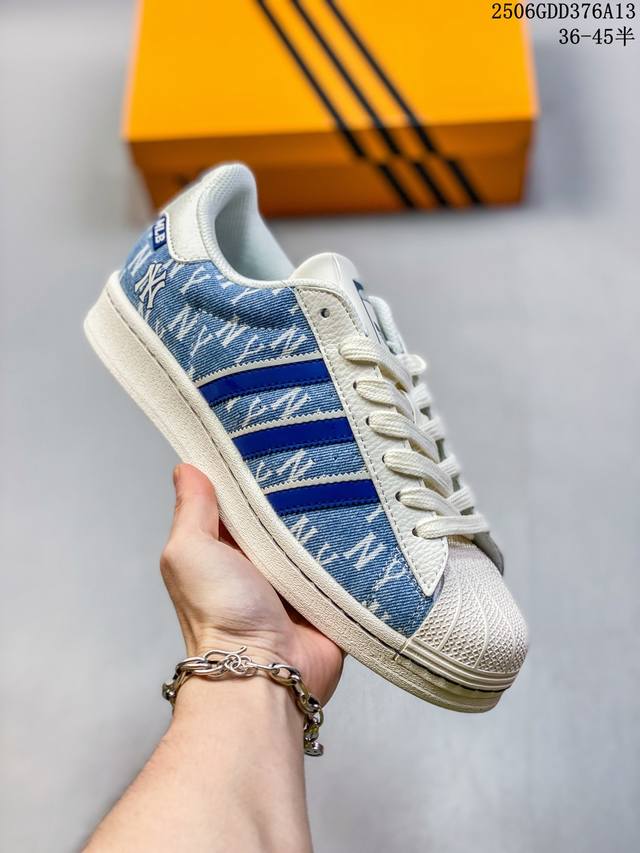 海外爆款限量发售！高端定制 阿迪达斯Adidas三叶草 Originals Superstar贝壳头系列“Mlb联名“ 牛仔蓝”低帮经典百搭休闲运动板鞋原装牛仔