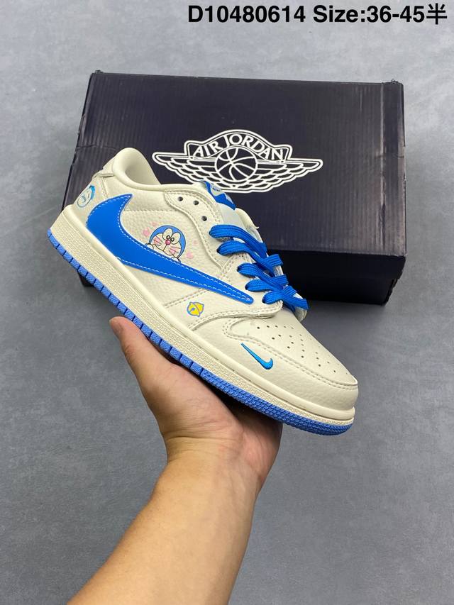 Ts X Air Jordan X Supreme Aj1 Low 倒钩低帮联名Sup-机器猫 定制配色 原厂内置气垫魔块 A模大底 头层小牛皮 鞋舌Aj原厂专