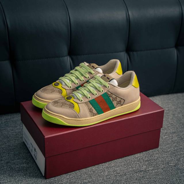 核心私 Gucci~~2025最新配色小脏鞋 休闲鞋 运动鞋 Zp开发纯原版本；金属双G水晶圆柱形标；Gucci原版纹织带 鞋面头层羊皮拼接双G压花牛皮，皮面切
