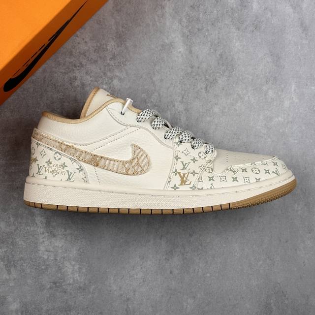 特价本地 核心私 公司级 Nike Jordan Air Jordan 1“Lv联名 印花卡其” 高端定制 低帮 复古减震防滑耐板鞋 定制鞋盒 大厂纯原品质出货